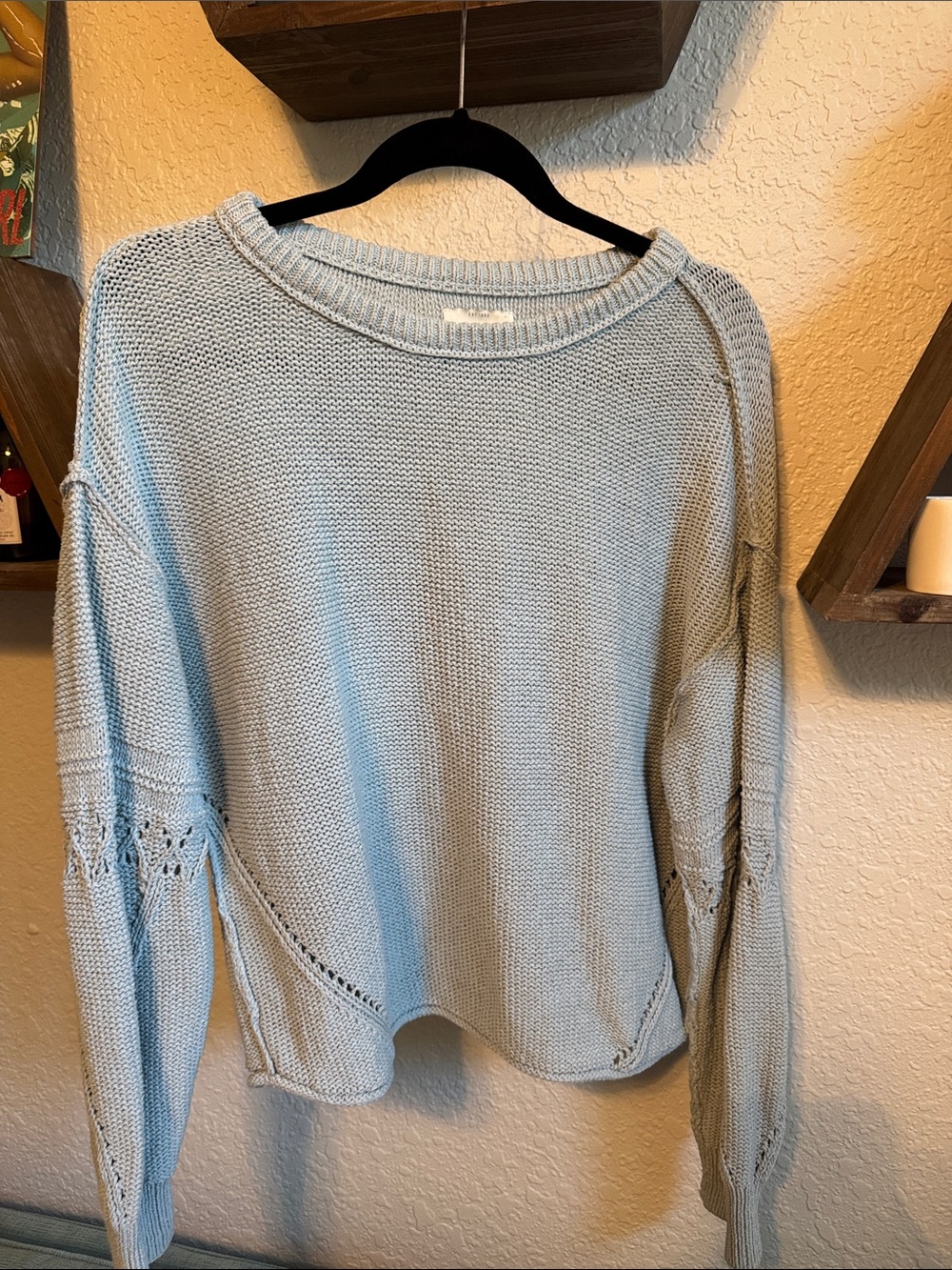 Lucky Brand Light Blue Crewneck Sweater with Openwork Sleeve Detail
